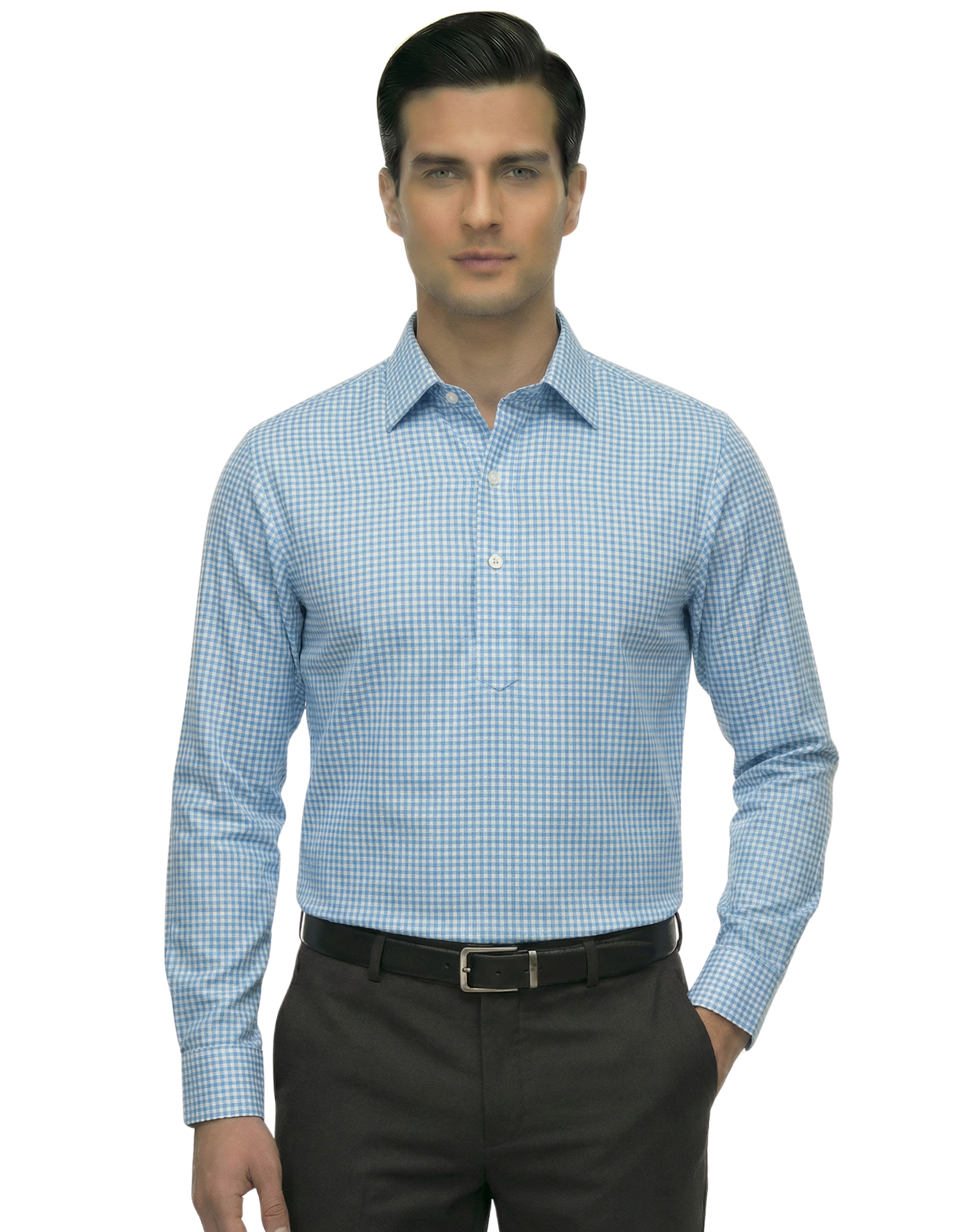 Men's DapperTee blue checked long sleeve polo breathable polyamide fabric for office.