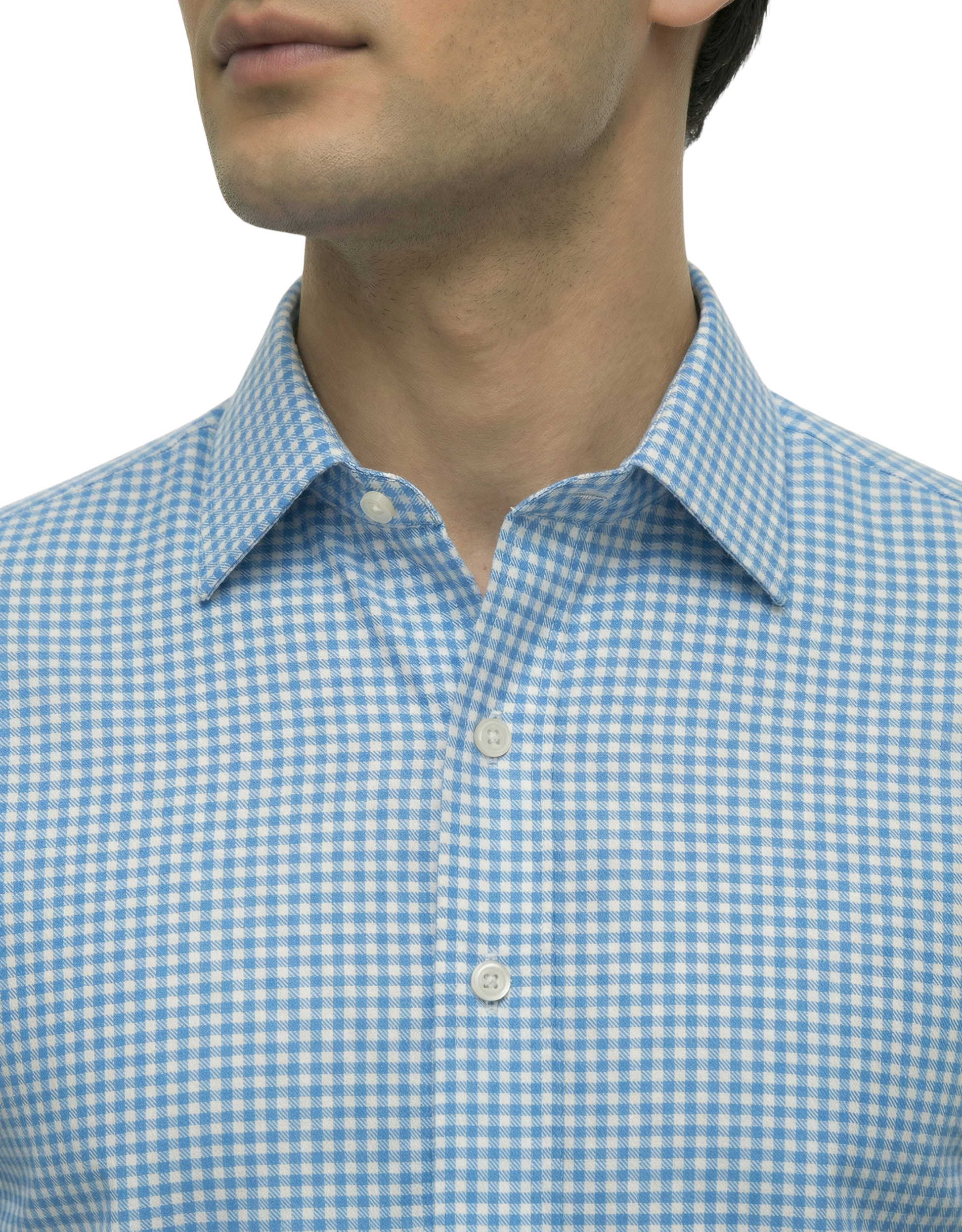 DapperTee blue check long sleeve polo highlighting firm collar and professional fit.