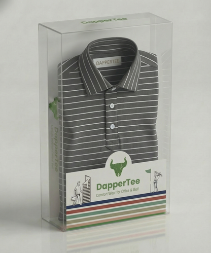 DapperTee premium stripe polo luxury packaging for high-end professional corporate gifting needs.
