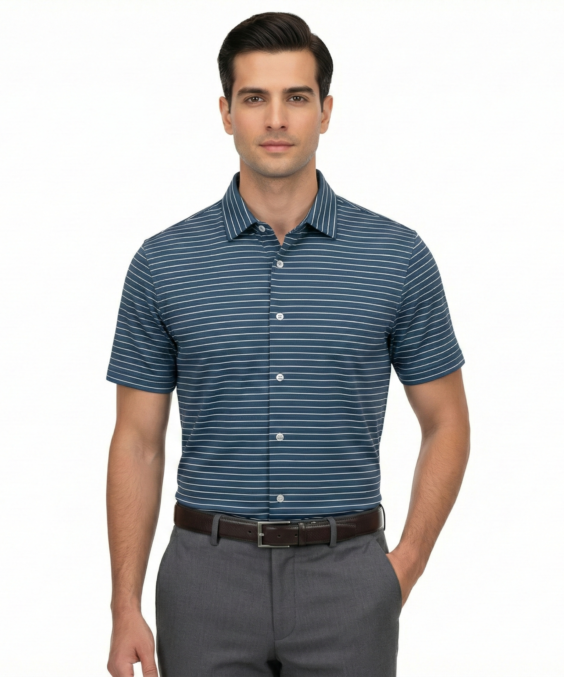 Men's DapperTee navy striper open shirt breathable polyamide fabric for professional office.