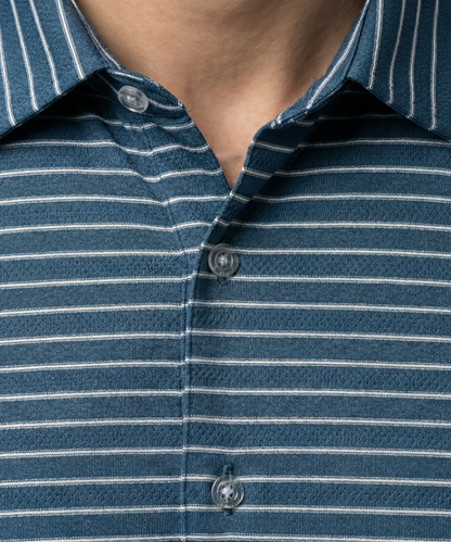 DapperTee navy striper open shirt highlighting firm collar and professional tailored fit.