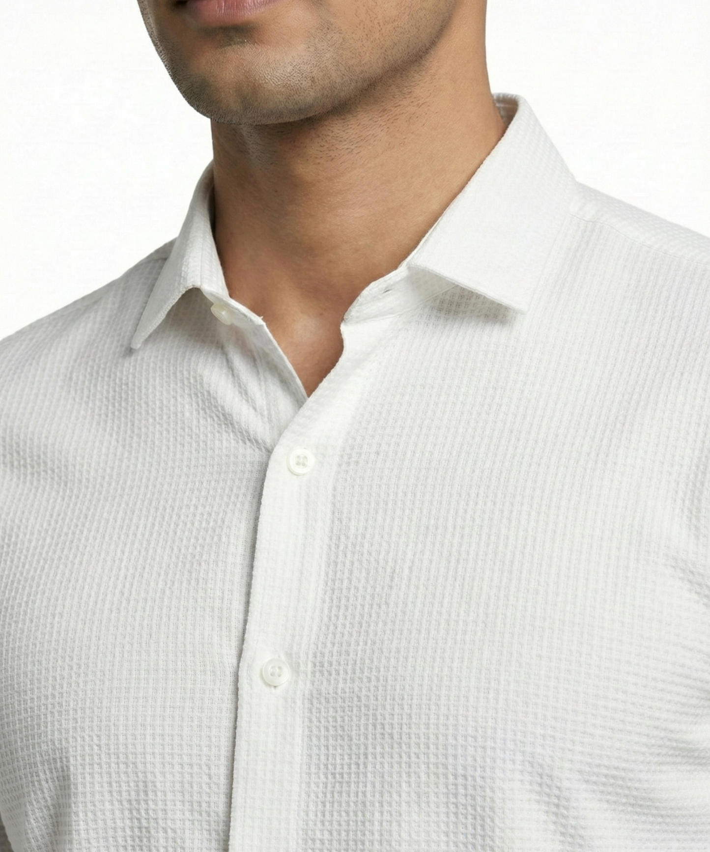 DapperTee white open polo highlighting firm collar and professional high-end tailored fit.