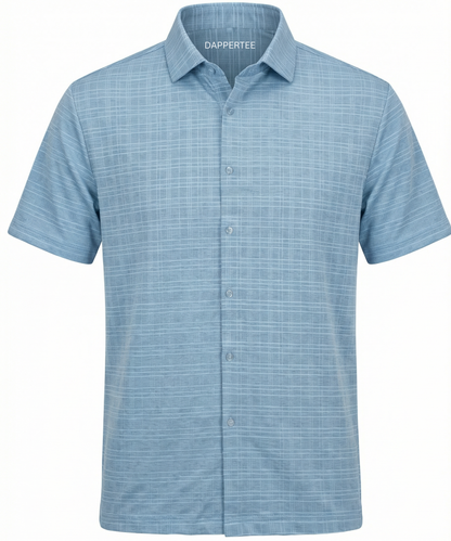 DapperTee Paris blue checks jacquard open polo premium professional corporate office attire.