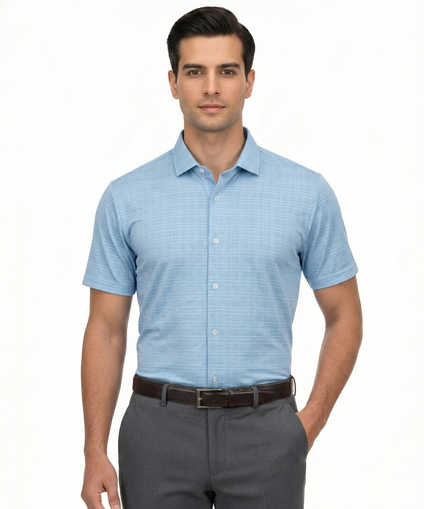 Men's DapperTee blue checks open polo breathable polyamide fabric for professional office.