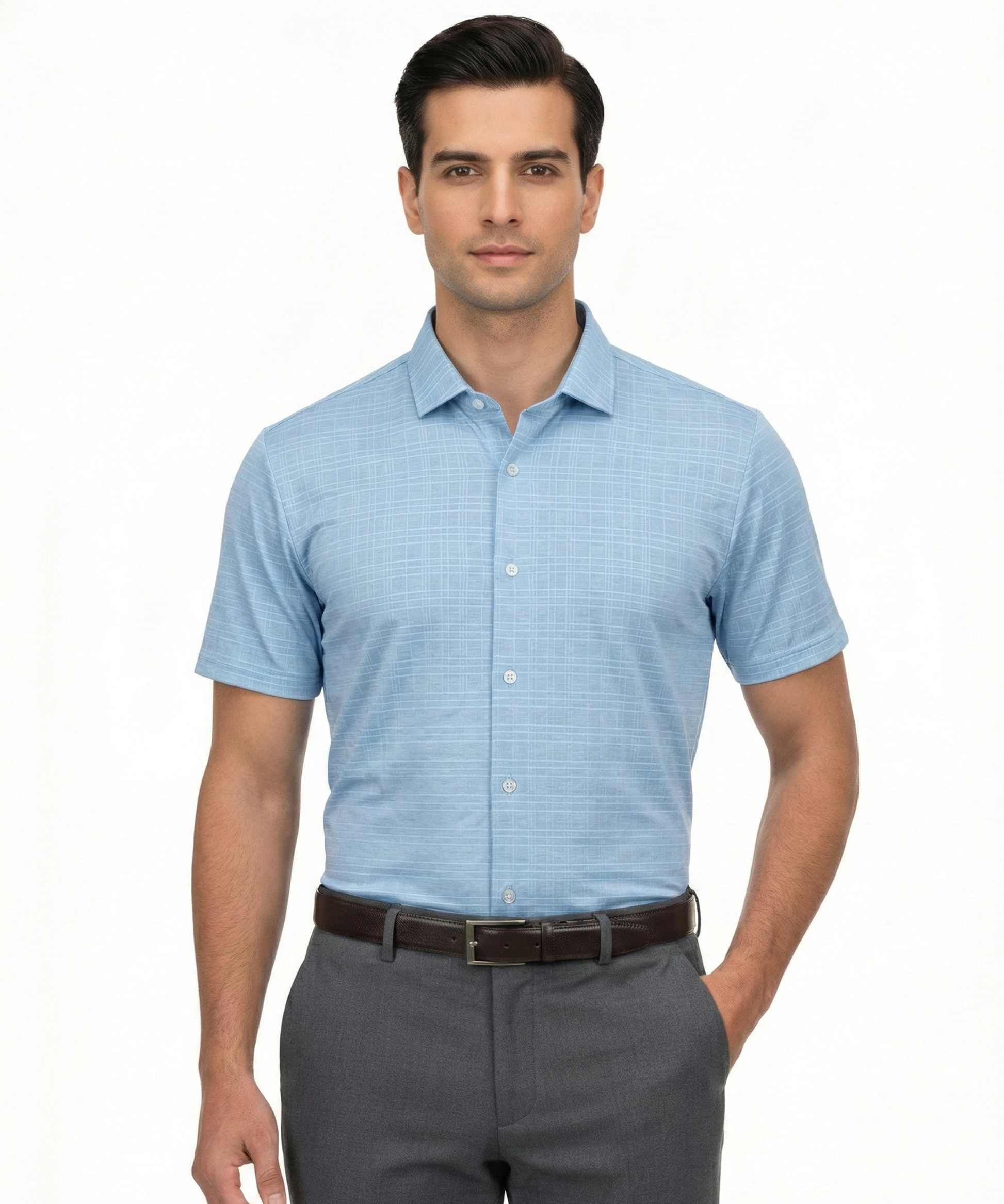 Men's DapperTee blue checks open polo breathable polyamide fabric for professional office.