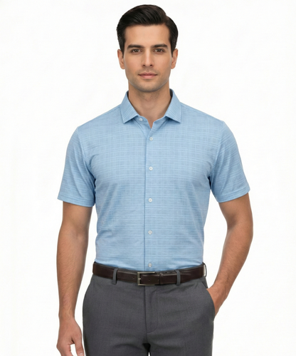 Men's DapperTee blue checks open polo breathable polyamide fabric for professional office.