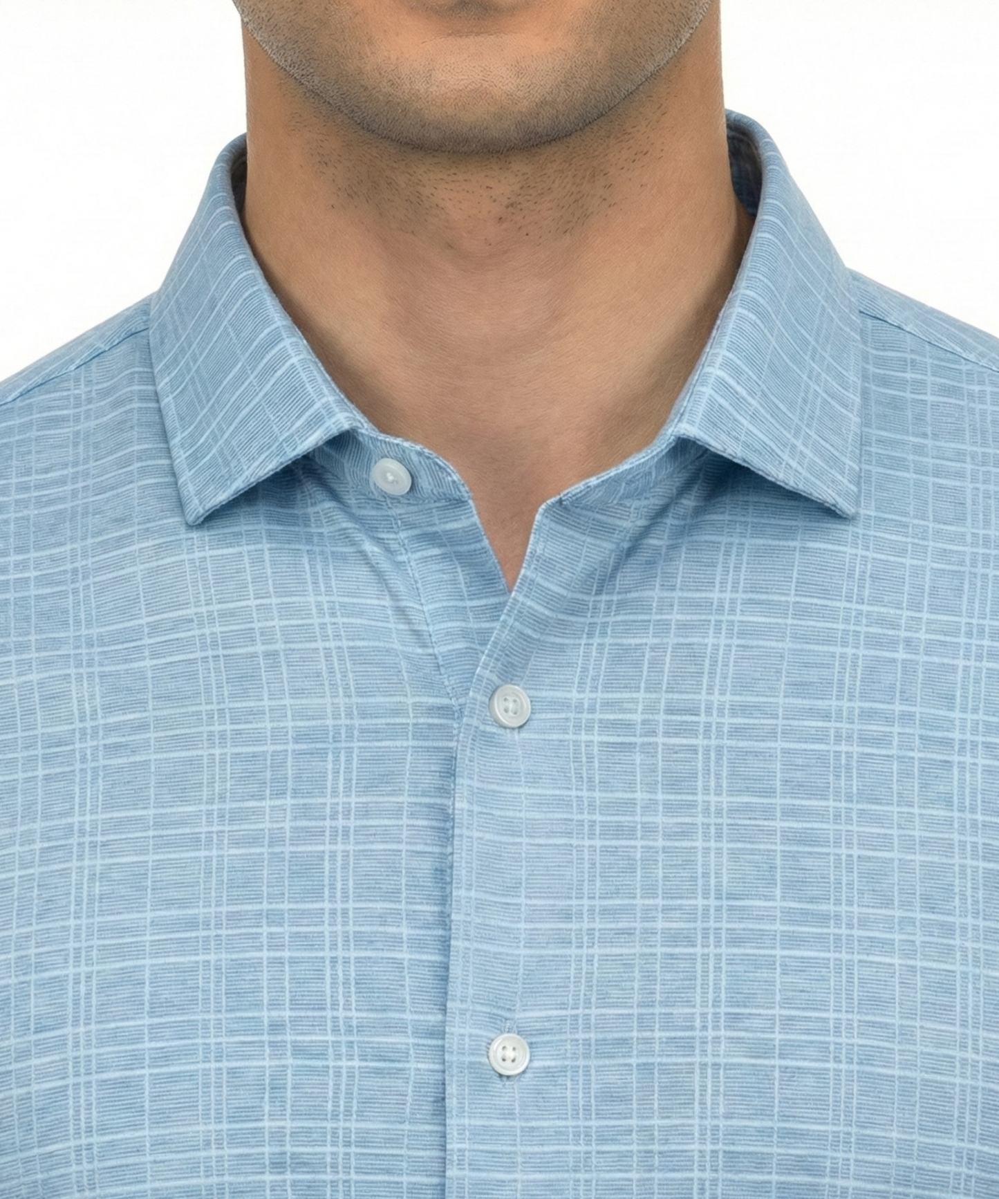 DapperTee blue checks open polo highlighting firm collar and professional tailored fit.