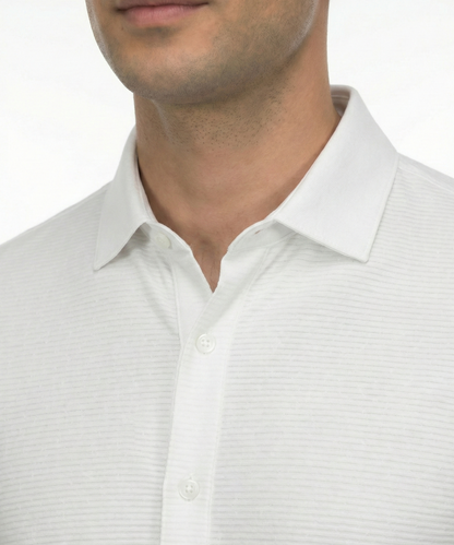 DapperTee white striper open shirt highlighting firm collar and professional tailored fit.