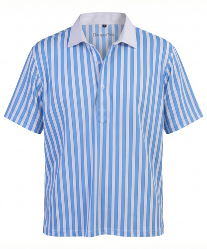 DapperTee blue stripe golf polo luxury athletic wear signature v stiched placket.