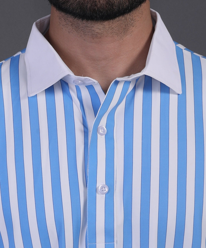 DapperTee v stiched placket detail on premium polyamide blue striped luxury polo.
