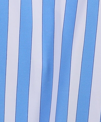 Close-up showing specialized polyamide fabric texture of DapperTee blue white striped polo.