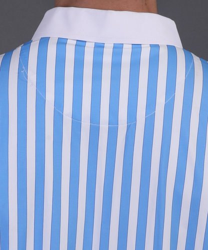 High quality DapperTee firm collar construction on blue white stripe golf polo.