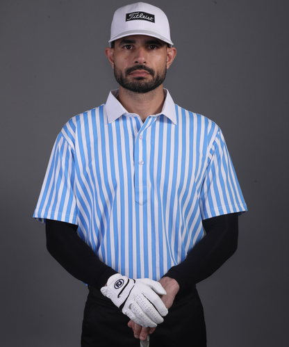 Men’s DapperTee blue golf polo breathable polyamide fabric professional athletic performance gear.