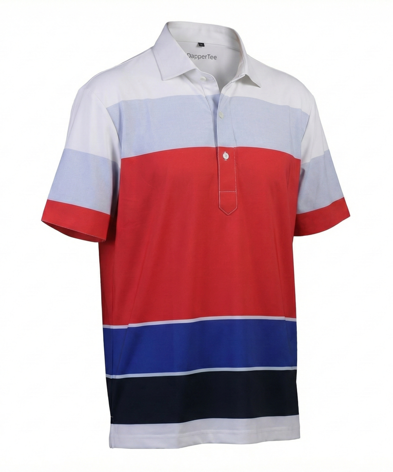 DapperTee red grey blue stripe golf polo luxury athletic wear v stiched placket.