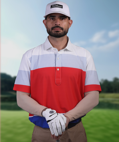 Men’s DapperTee tri-color golf polo breathable polyamide fabric professional athletic performance gear.
