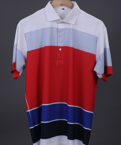 DapperTee red grey blue stripe polo highlighting firm collar and relaxed fit design.