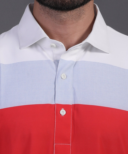 DapperTee v stiched placket detail on premium polyamide tri-color striped luxury polo.