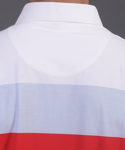 High quality DapperTee firm collar construction on red grey blue stripe golf polo.