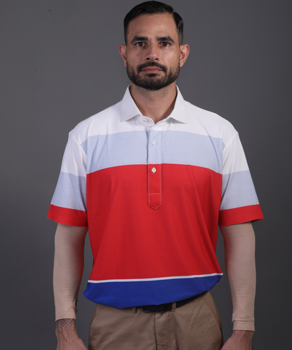 Well groomed model wearing DapperTee Pure Essential polo for premium golf aesthetic.
