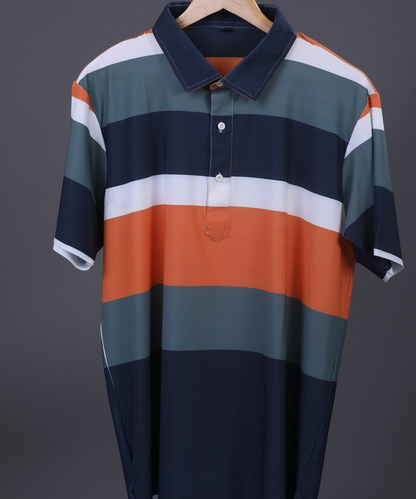 DapperTee green black orange polo highlighting firm collar and relaxed fit design.