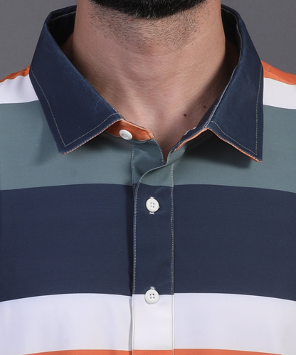 DapperTee v stiched placket detail on premium polyamide multicolor striped luxury polo.