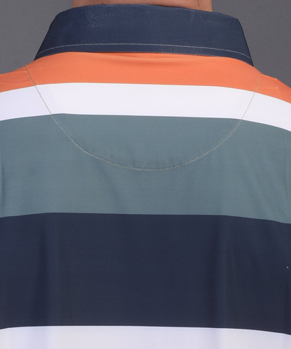 High quality DapperTee firm collar construction on green black white orange polo.