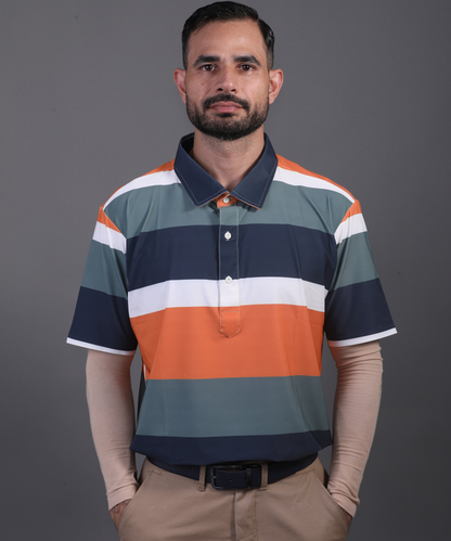 Well groomed model wearing DapperTee Europe design polo for premium golf aesthetic.