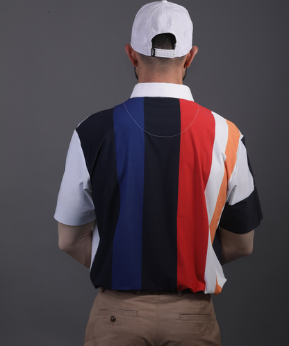 Vertical Blue Black Red Yellow Stripe Print Polo