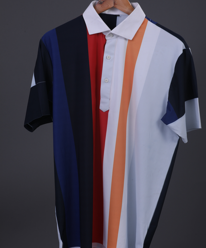Vertical Blue Black Red Yellow Stripe Print Polo