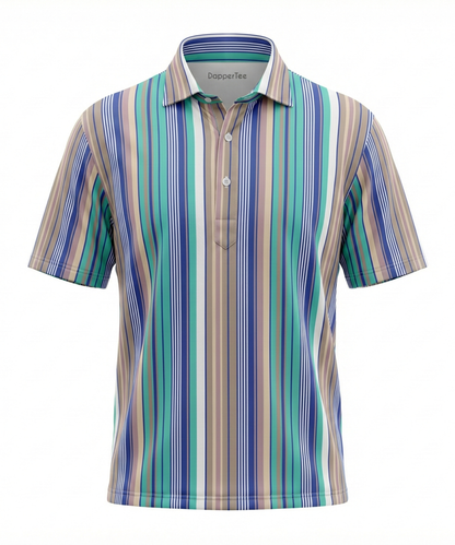 DapperTee Luxe Vertical Stripes multicolor golf polo luxury athletic wear signature v stiched placket.