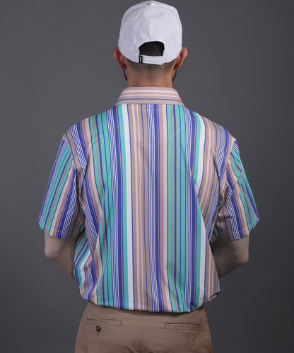 DapperTee Luxe Vertical multicolor polo highlighting firm collar and relaxed fit design.
