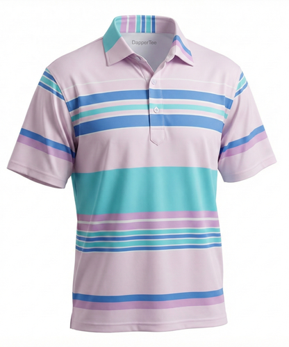 DapperTee pink stripe golf polo luxury athletic wear signature v stiched placket.