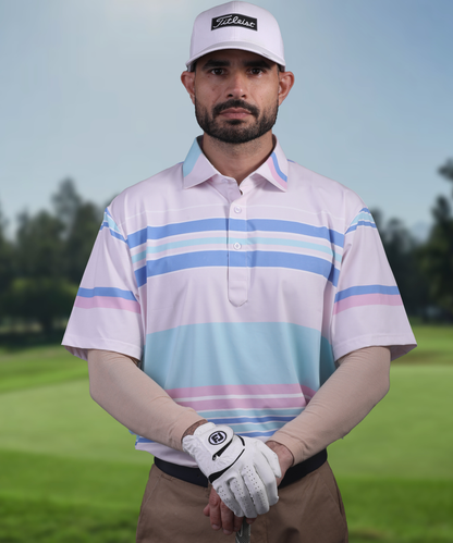 Men's DapperTee pink golf polo breathable polyamide fabric professional athletic performance gear.