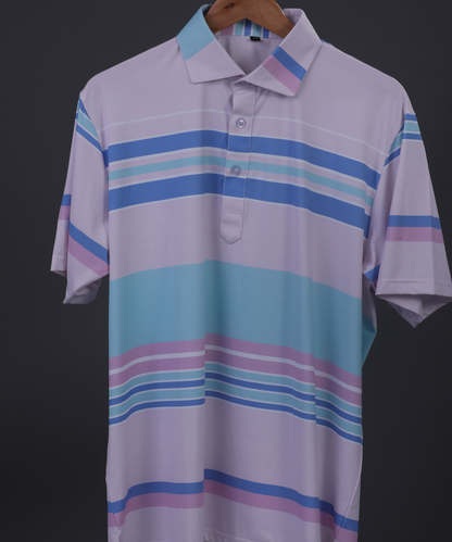 DapperTee pink stripe golf polo highlighting firm collar and relaxed fit design.