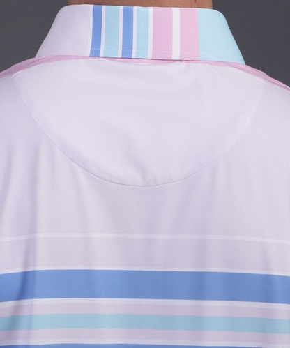High quality DapperTee firm collar construction on pink blue stripe golf polo.
