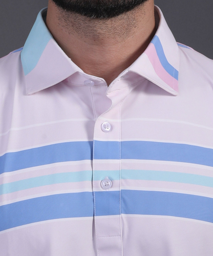 DapperTee v stiched placket detail on premium polyamide pink striped luxury polo.