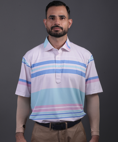 Well groomed model wearing DapperTee pink stripe polo for premium golf aesthetic.