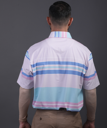 DapperTee pink stripe polo showcasing relaxed fit for professional men's athletic style.
