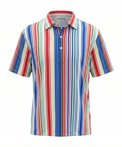 DapperTee Luxe Vertical Stripes multicolor golf polo luxury athletic wear signature v stiched placket.