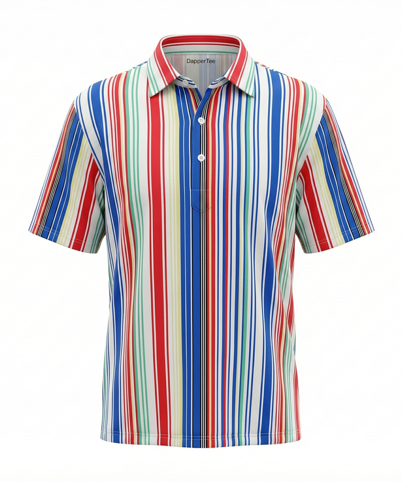 DapperTee Luxe Vertical Stripes multicolor golf polo luxury athletic wear signature v stiched placket.