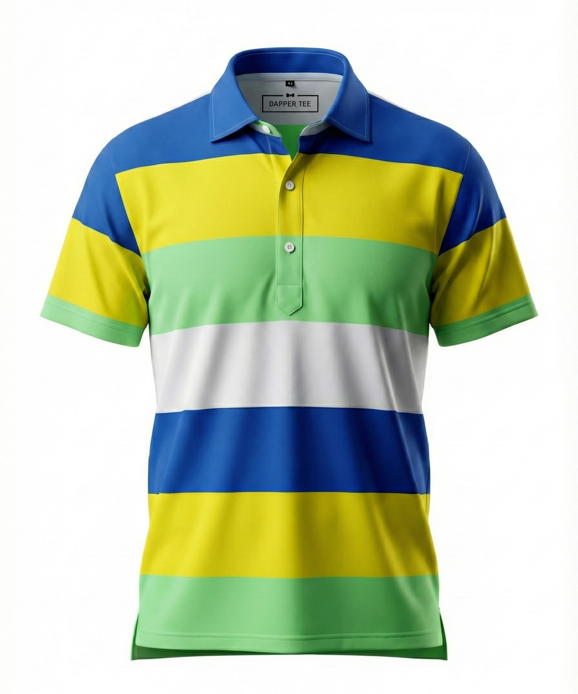DapperTee yellow green stripe golf polo luxury athletic wear signature v stiched placket.