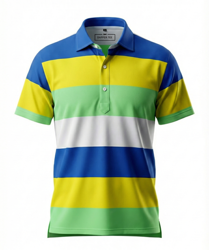 DapperTee yellow green stripe golf polo luxury athletic wear signature v stiched placket.