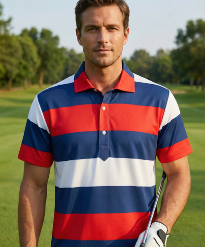 Men’s DapperTee tri-color golf polo breathable polyamide fabric professional athletic performance gear.