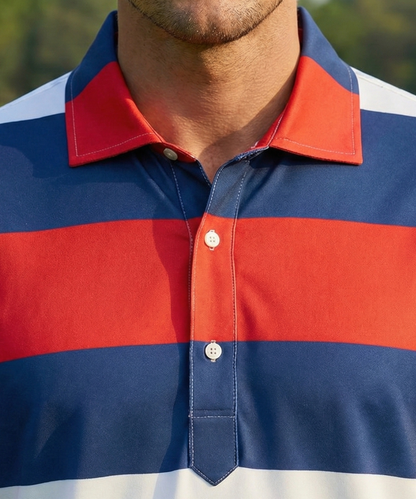 DapperTee v stiched placket detail on premium polyamide tri-color striped luxury polo.