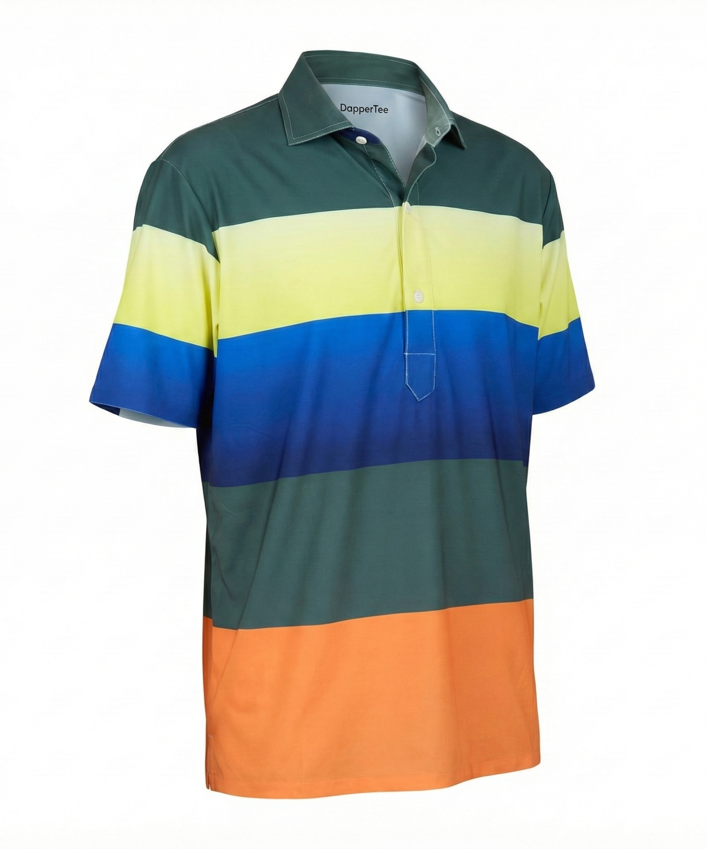 DapperTee Multi Stripe green yellow golf polo luxury athletic wear signature v stiched placket.