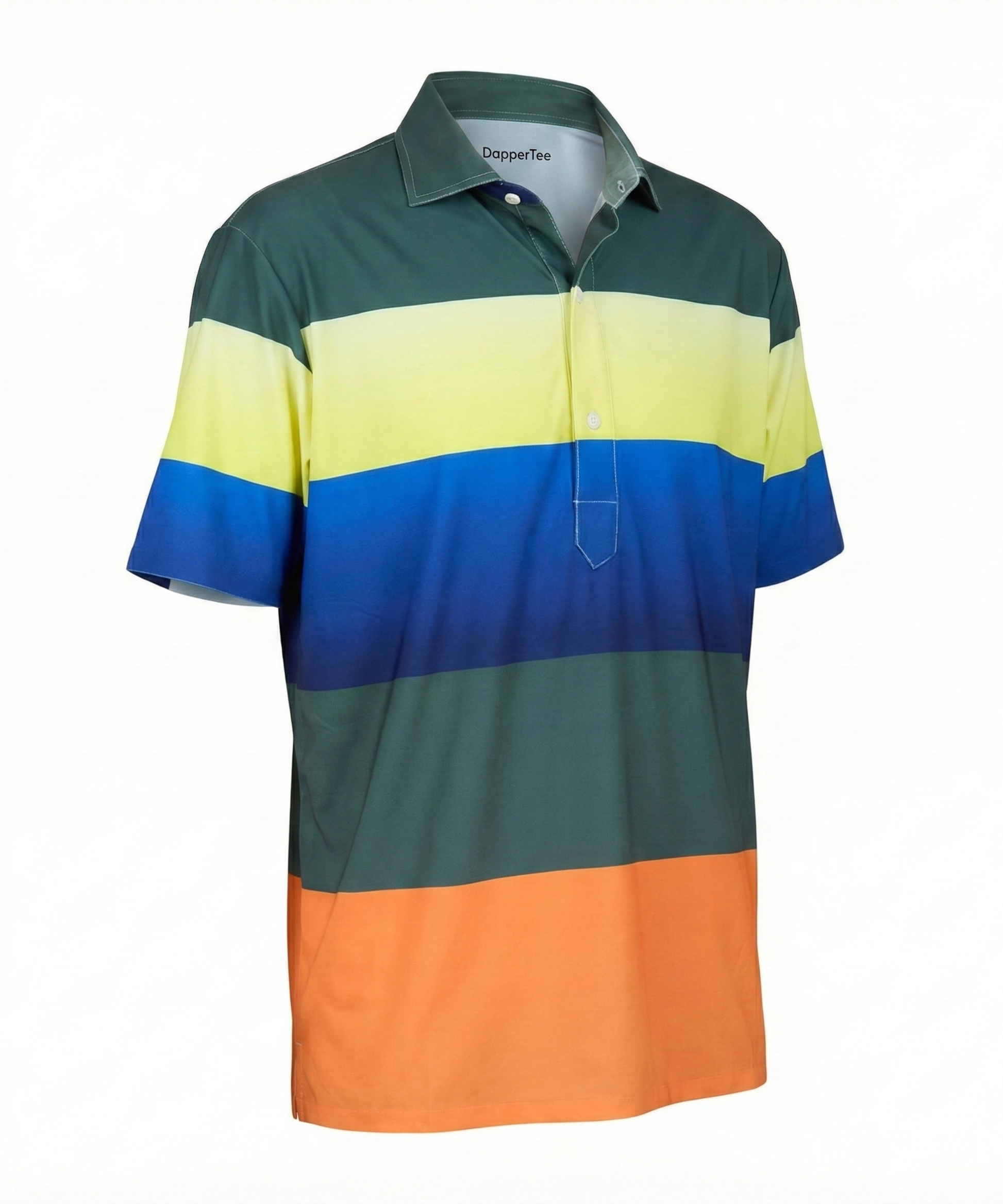 DapperTee Multi Stripe green yellow golf polo luxury athletic wear signature v stiched placket.
