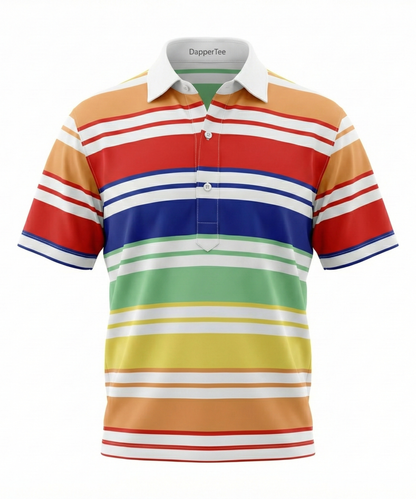 DapperTee orange stripe polo, luxury office wear featuring signature V-placket design.