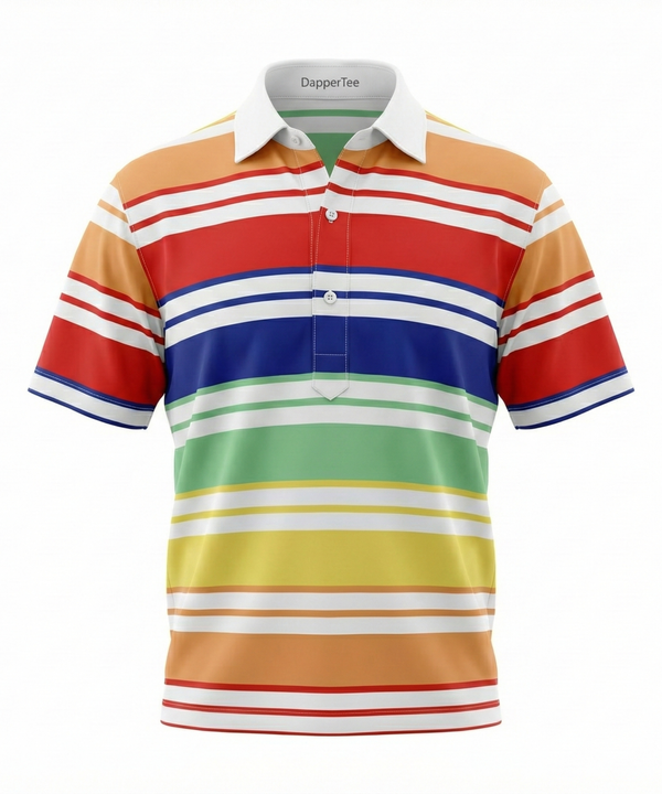 Europe Design Orange Red Blue Yellow Stripe Print Polo