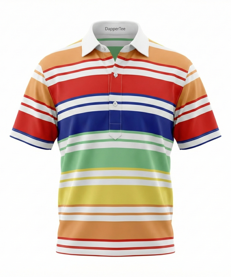 DapperTee orange stripe polo, luxury office wear featuring signature V-placket design.