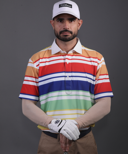 Men's DapperTee colorful golf polo, breathable polyamide fabric for golf performance.